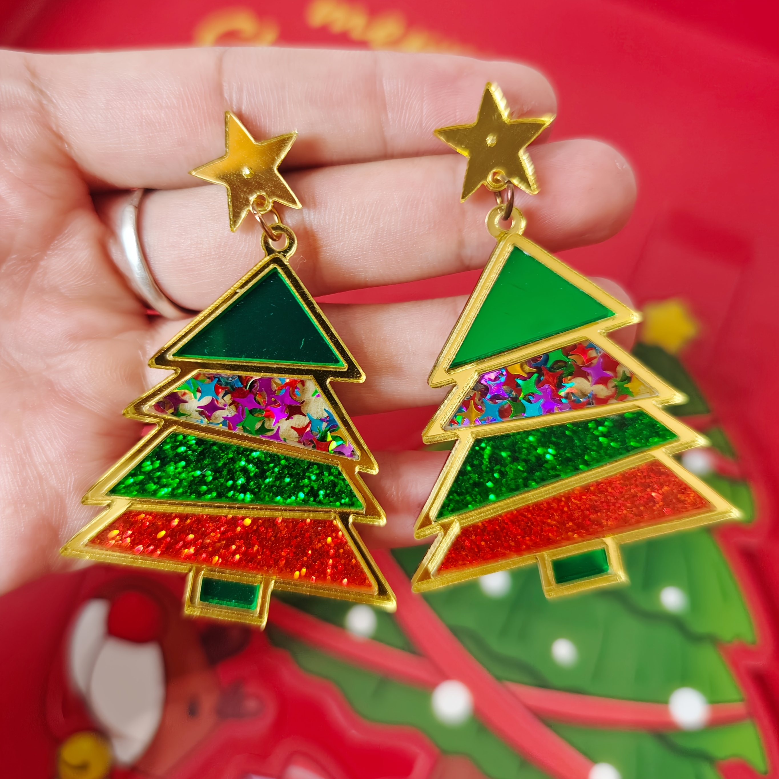 TEMU Acrylic Christmas Tree Earrings With | Stainless Steel Posts, Ideal For Holiday Parties And Gift-giving