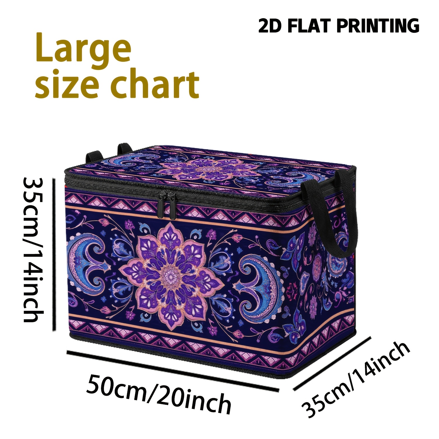 TEMU 1pc Purple Ethnic Floral Pattern Foldable Storage Box, Non-woven Body With Black Reinforced Edging, Wide Side Handles For Stability, Closed Top