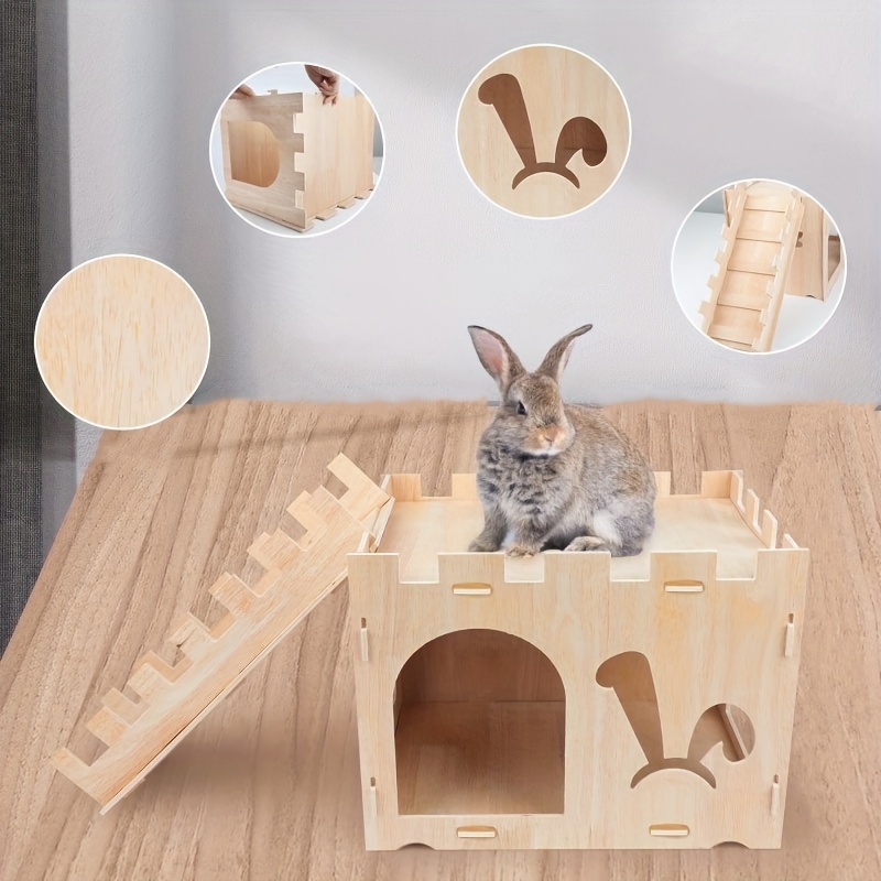 Extra Large Wooden Rabbit Castle Hideout, Detachable Small Animal  Playhouse, Indoor Bunny Shelter