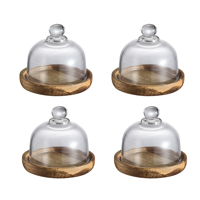 Image of 4pcs, Mini Round Tray With Glass Cover, Wooden Base Dessert Plate, Dessert Tray