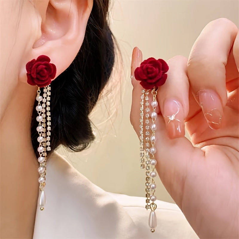 TEMU A Pair Of Rose Tassel Earrings With Elegant And Fashionable Temperament, A Fashionable Item For S,