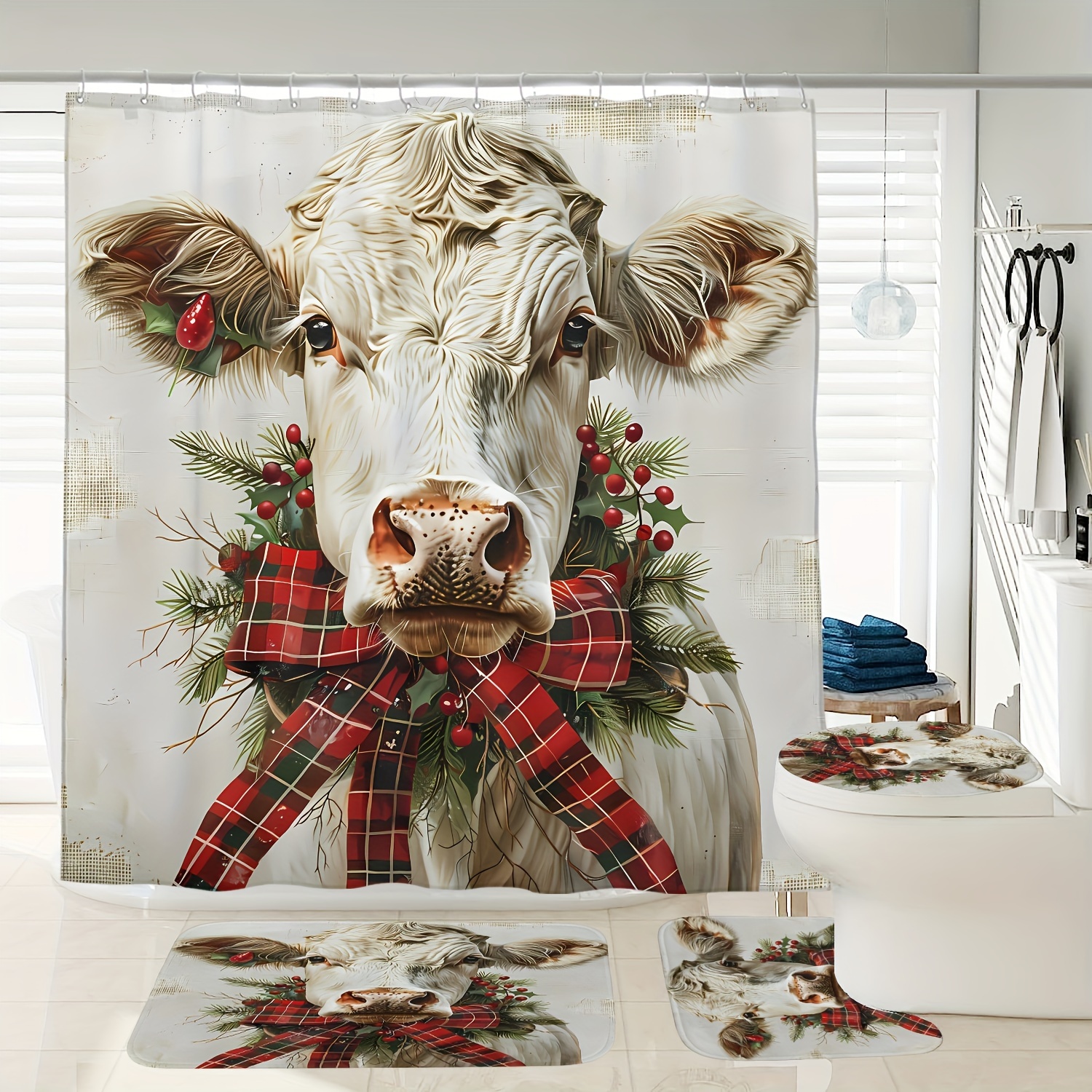 

Christmas Cow Shower Curtain Set Bath Mat, Lid , And 12 - Polyester Bath Decor, , Non-bleach,