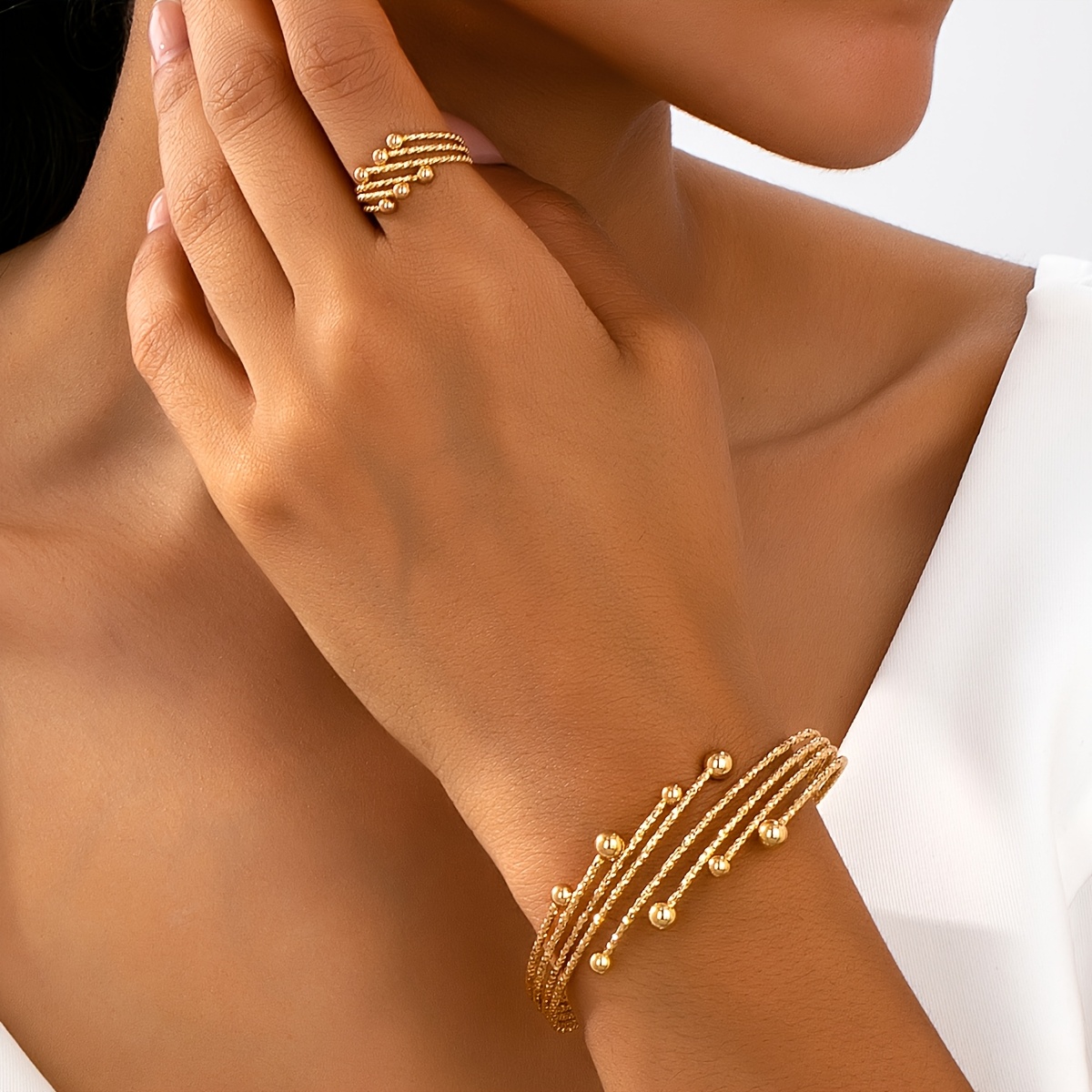 Image of 2pcs Fashionable Individual Minimalist Bead Women's And Ring Set, Casual Party Vintage Sexy