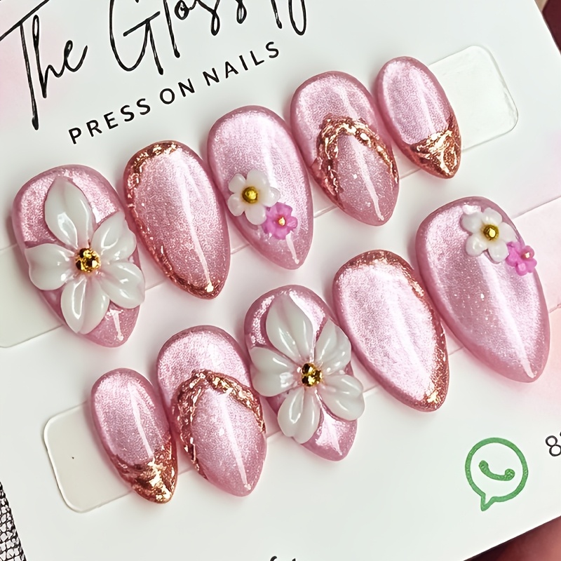 TEMU 10pcs Xgv Luxury Press On Nails Almond Shape Medium Length Suitable For Women &, Pink Cat Eye Gel Nails With Golden Chrome Rhinestone Flowers,