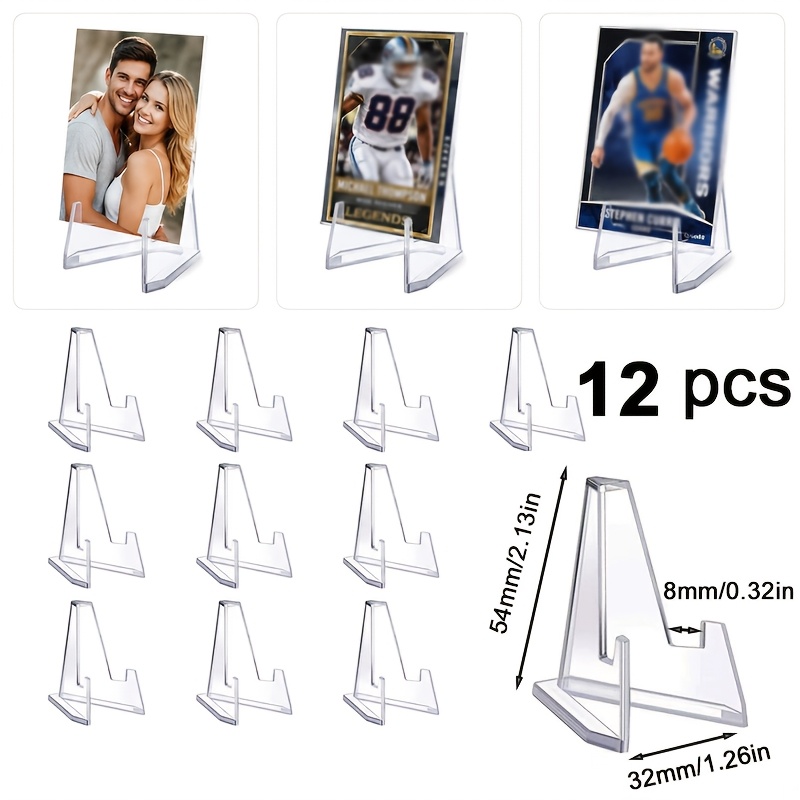 Image of 12/49pcs Clear Acrylic Triangle Display Stands, Mini Easel Card Holder For Postcards, Photos, Badges, Trading Cards, Coin, Anime Pins, Small Artwork, Desktop Display Organizer