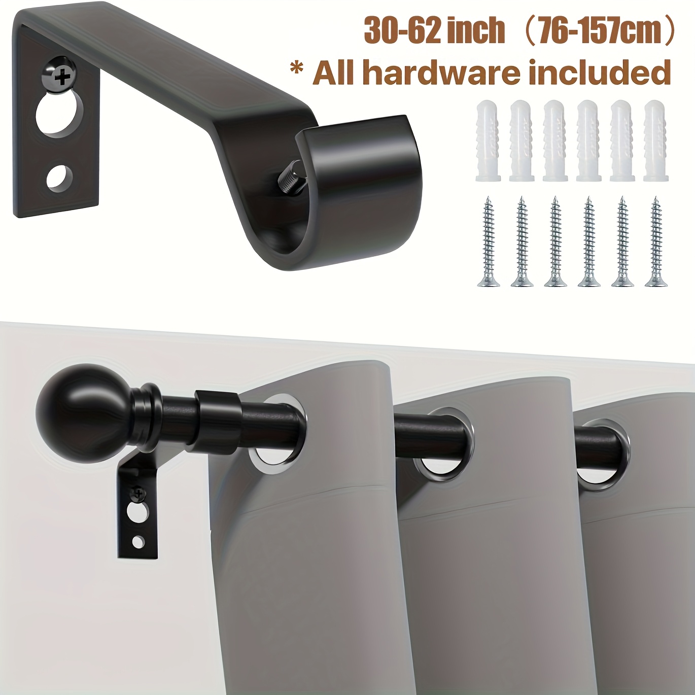 Image of Curtain Rod, Adjustable Curtain Rods 32 To 120 Inch With Brackets, 5/8 Inch Diameter Metal Curtain Rod For Window, Bathroom, Living Room, Kitchen, Wall Mount, Black