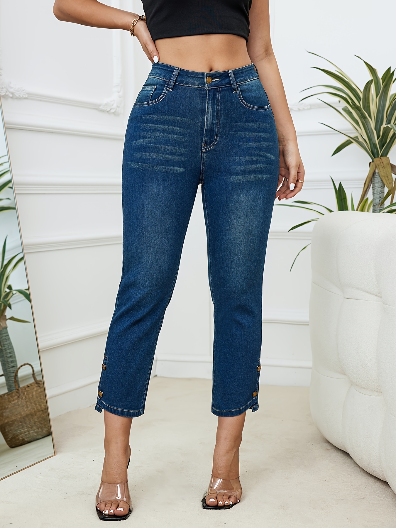 Single breasted Ripped Cropped Denim Pants Button Fly Washed - Temu