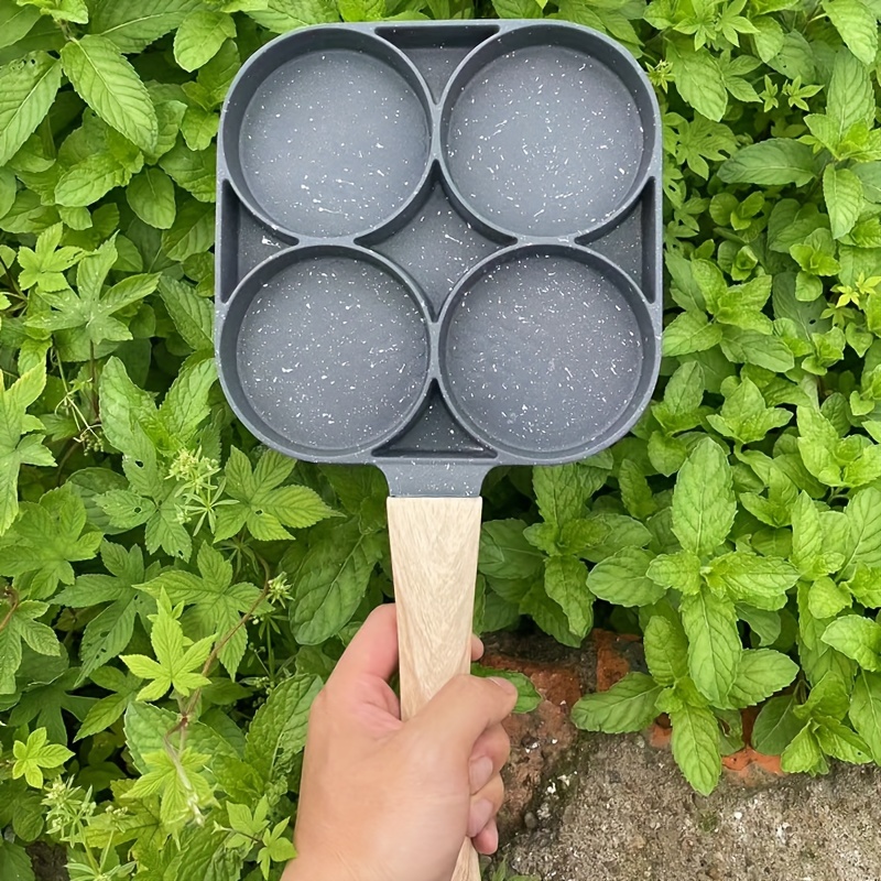 TEMU 1pc Versatile 4-hole Fry Pan For Eggs, Pancakes & - Aluminum With Wooden Handle, Ideal For