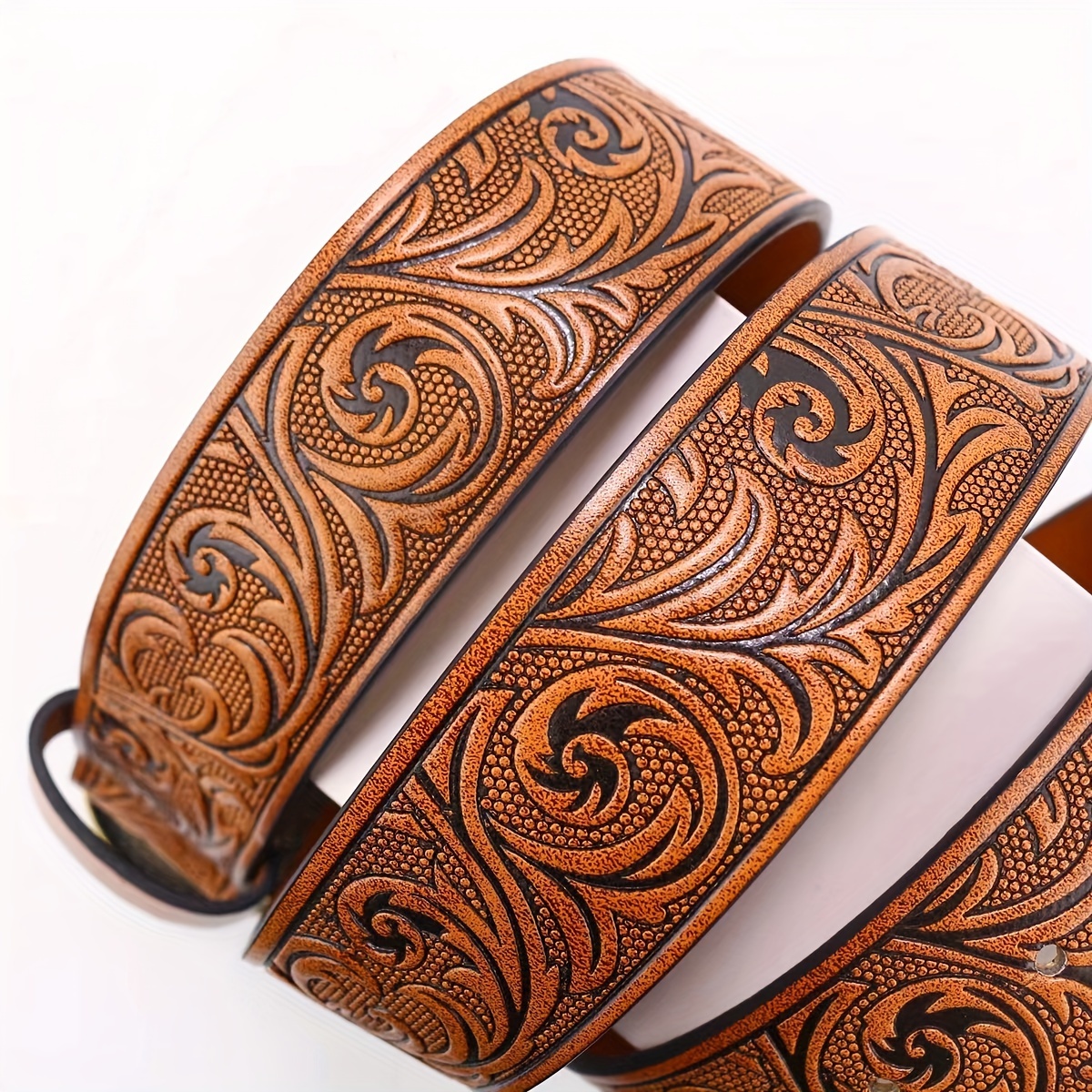 Western tooled pattern embossed leather jean belt