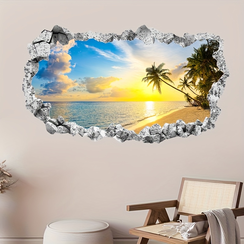 Image of 1 Tropical Beach Sunset Wall Sticker, Self-adhesive Vinyl Sticker With Palm Tree, Easy To And Remove, Suitable For Bedroom, Living Room, Dorm Decor - Modern , Home Decor, Beach-themed Decor