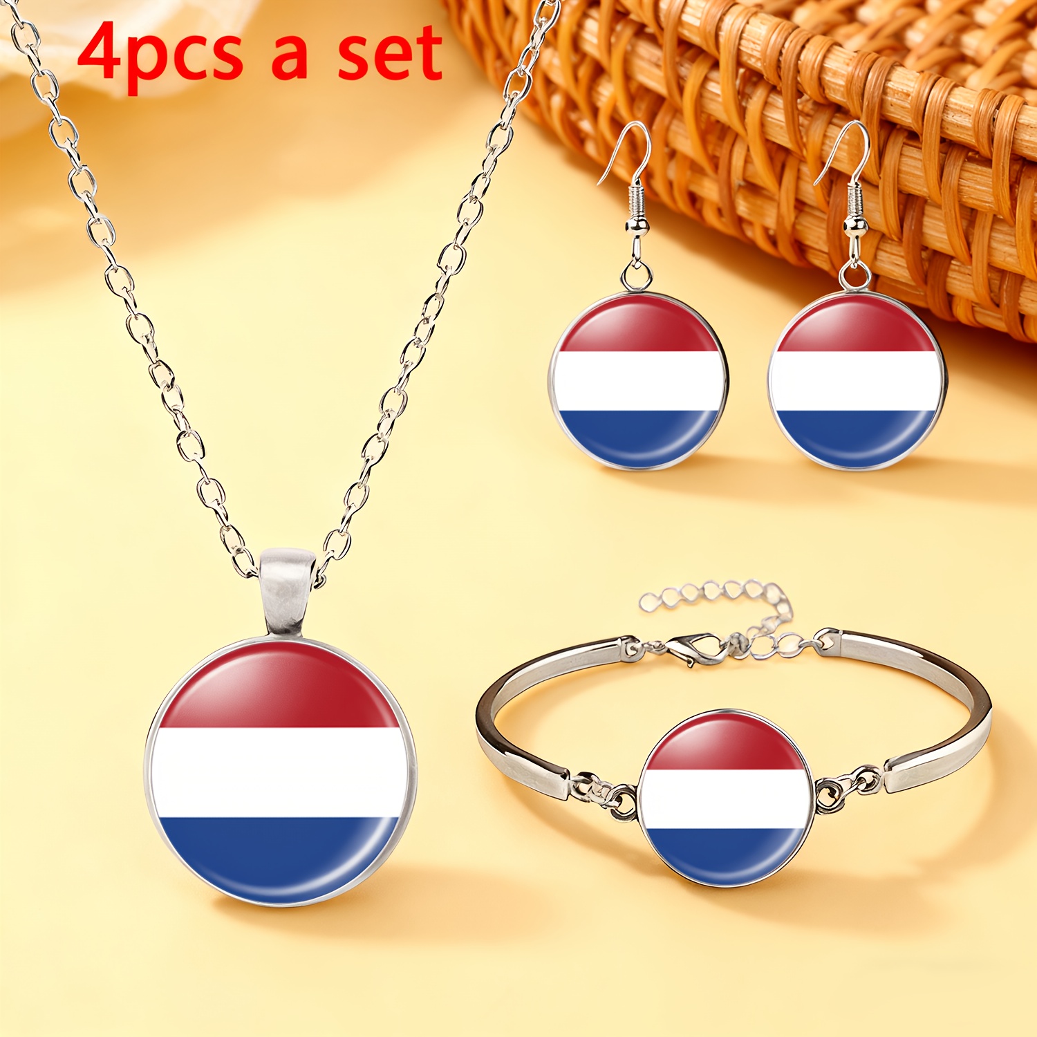 TEMU 4pcs White Jewelry Set (1 Necklace, 1 Bracelet, 1 Pair Of Earrings), Pattern Is Divided Into 3 Parts: Top, White In , And Blue On . Are Bright,
