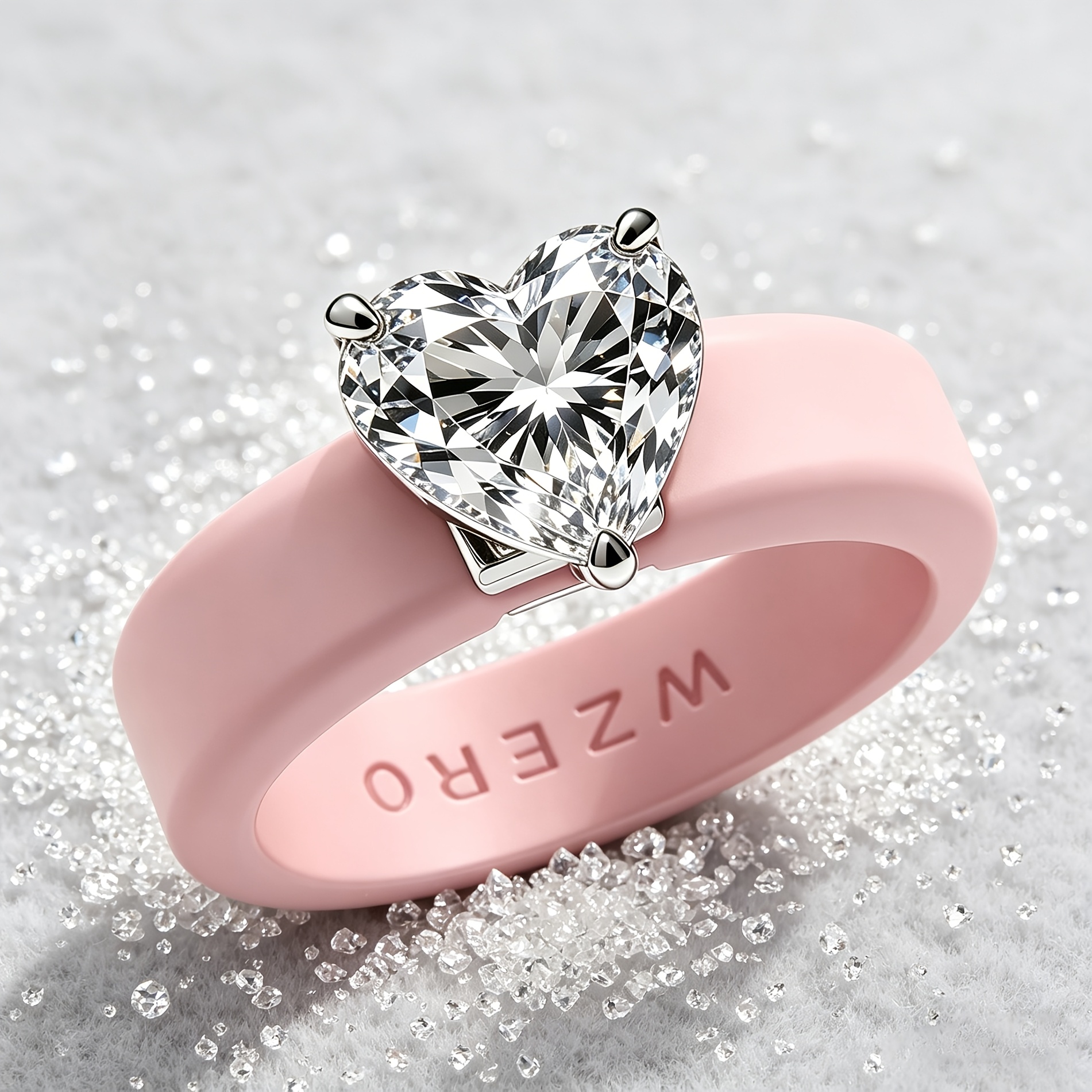 Pink Silicone Ring with Heart-Shaped 3A Zirconia, Daily Wear