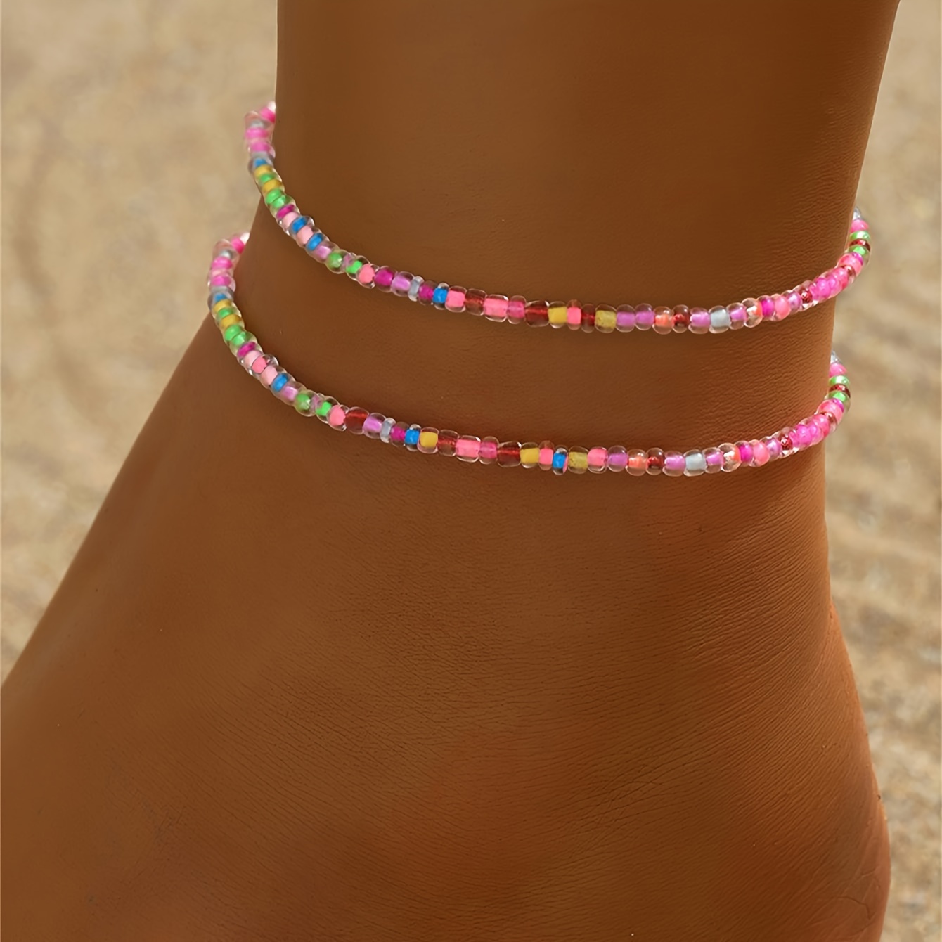 Image of Set Of 2 Colorful Mini Rice Beads Anklets In Boho Style, Perfect For Summer Beach Wear, Elastic Foot Jewelry For Women, Ideal For Vacation Decoration