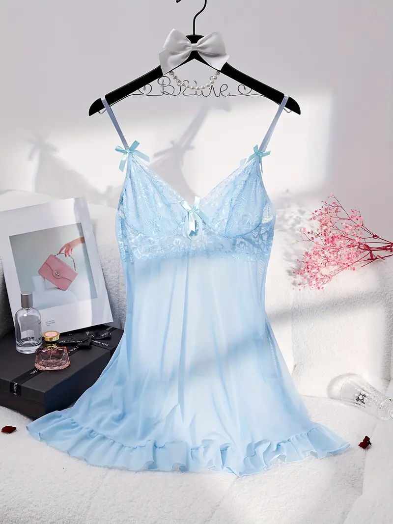 light blue lingerie dress iCollection Natalia Plus Size Lace and Mesh Babydoll Lingerie Set, 2 Piece