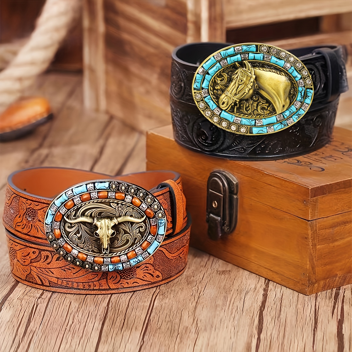 

Western Style Embossed Pu Leather Belt With Turquoise & Horse Head - Unisex Accessory