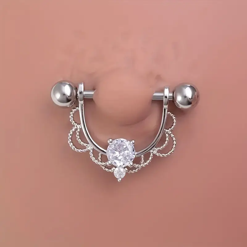 Stainless Steel Zirconia Studded Nipple Rings – Lace Piercing Jewelry For Women, Daily Wear, 2pcs