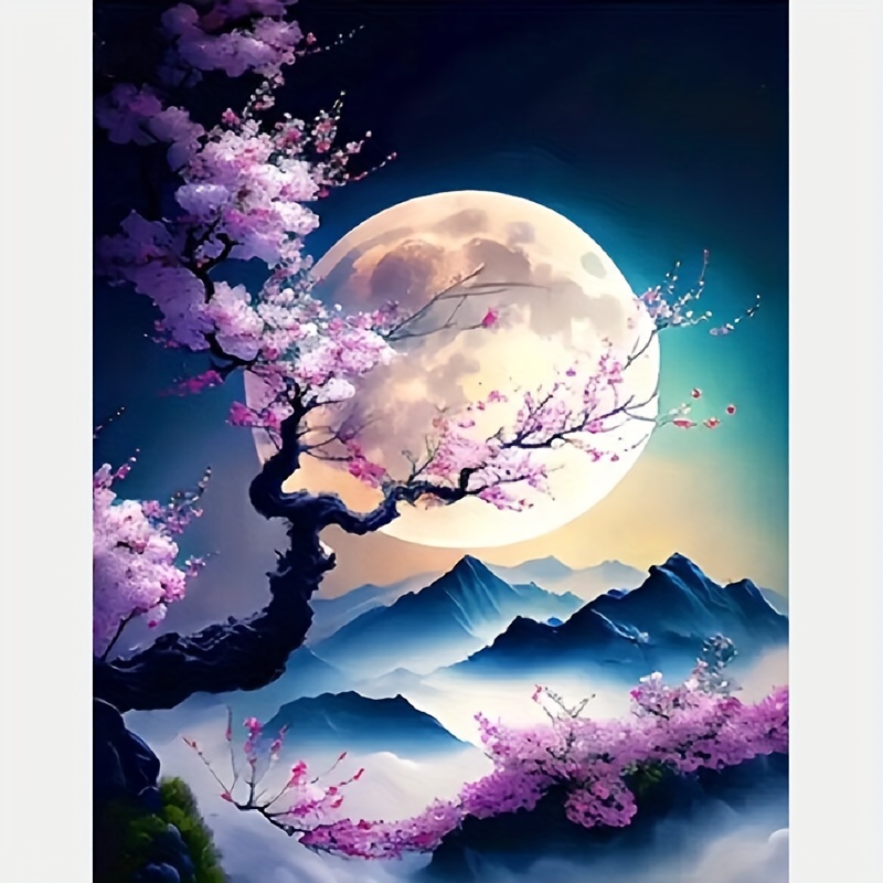 

5d Diamond Painting Kit Full Drill Round Diamond Embroidery, Landscape Theme With Blooming Cherry Blossoms And Full Moon - Diy Art Craft Wall Decor, 30x40cm Canvas