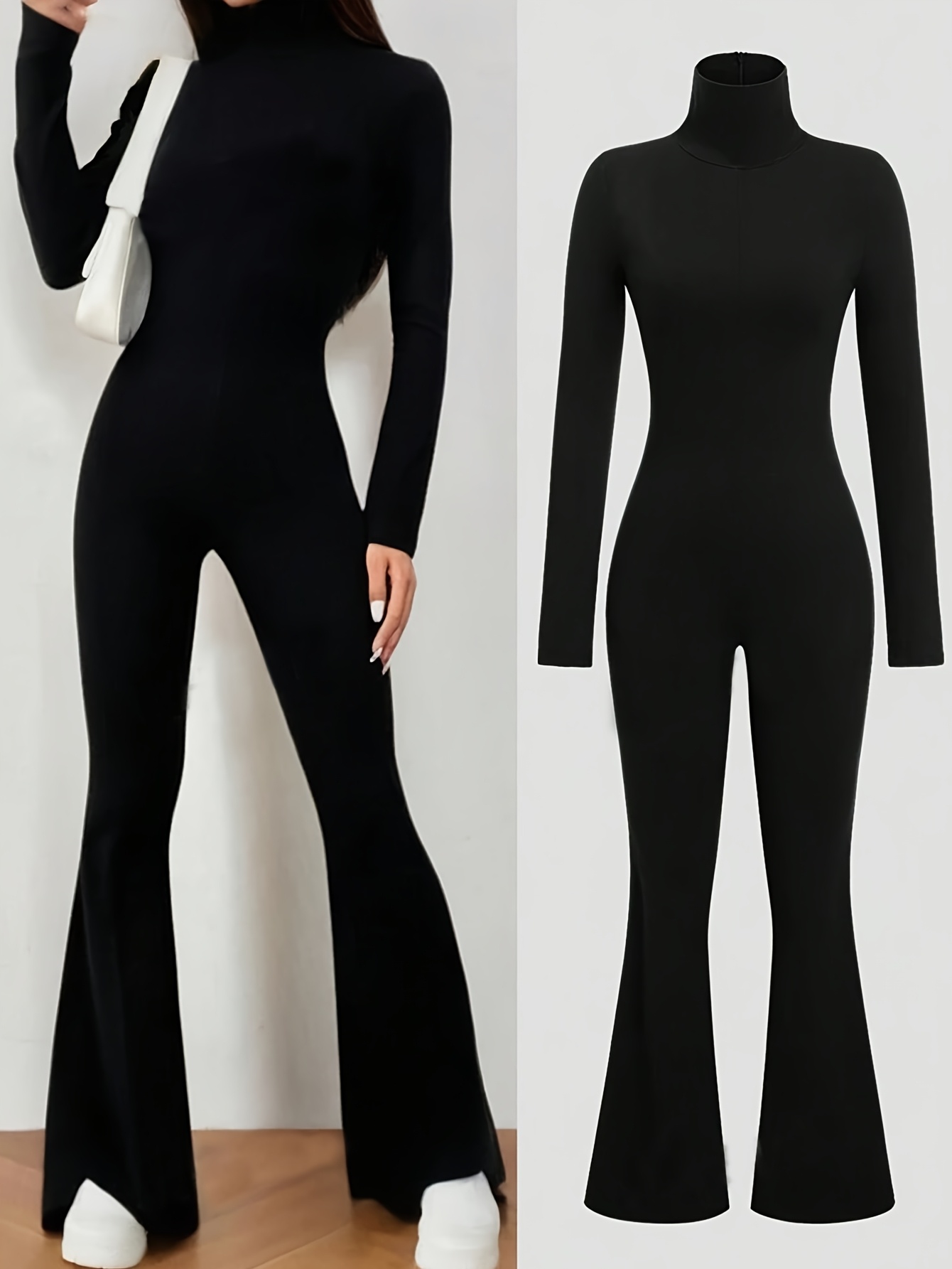 womens black high neck hollow bell bottom jumpsuit side Temu Canada