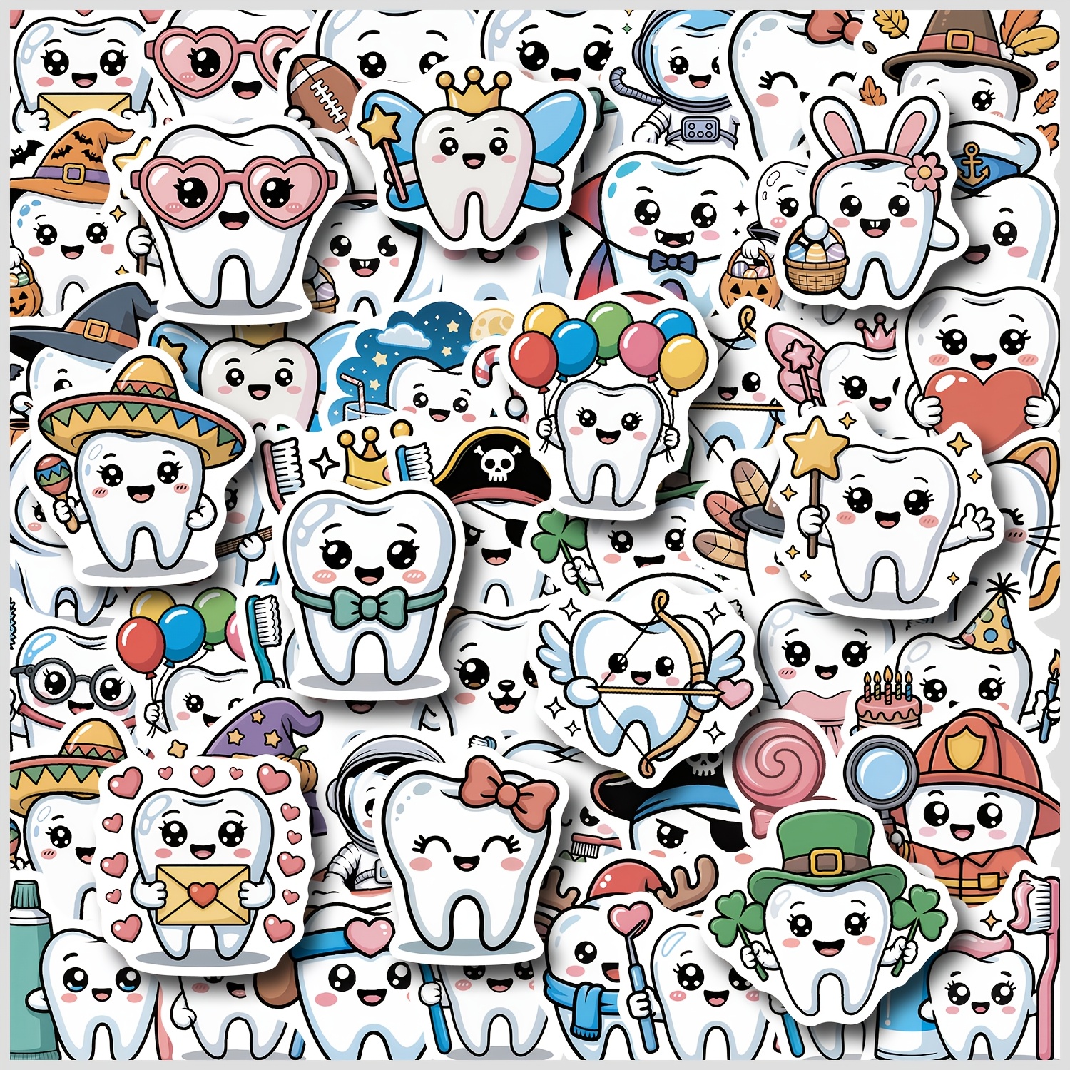 Image of 50pcs Cute Teeth-themed Doodle Stickers, Suitable For Roller Skating And , Can Decorate Phone Cases And Laptops, Decal Stickers, Ideal Gift For Valentine's Day And Easter