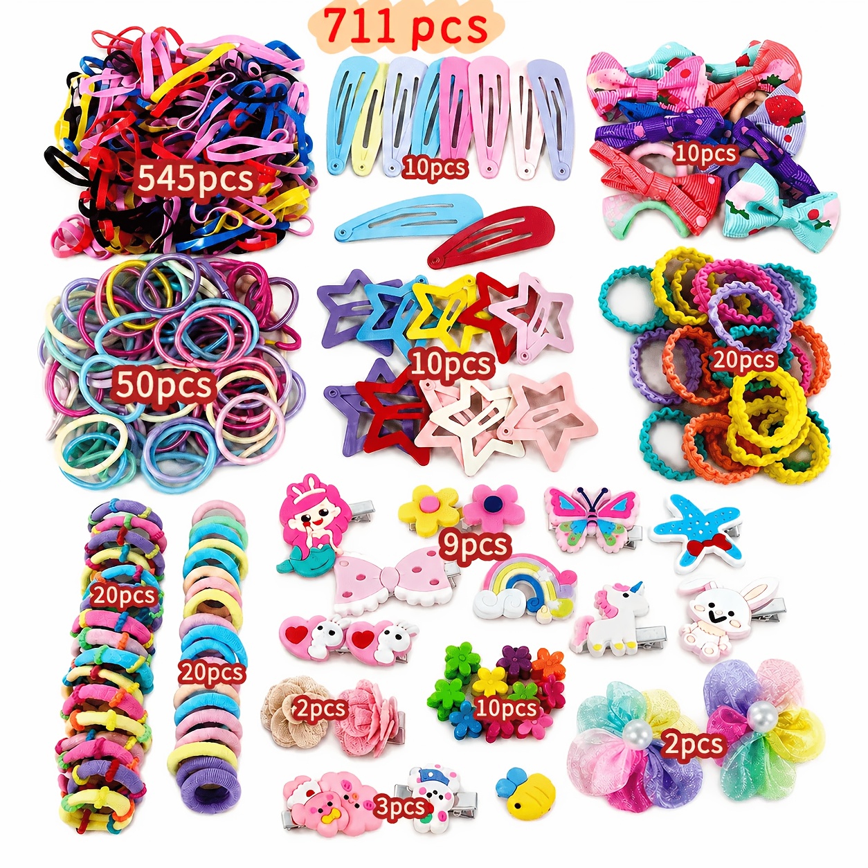TEMU 711pcs Women's Hair Additions Set: 543 Mini Elastics, 50 Hair Ties, 20 Wave Ties, 20 Hair Bands, 20 Coil Ties, 10 Snap Clips, 10 Bow Clips,