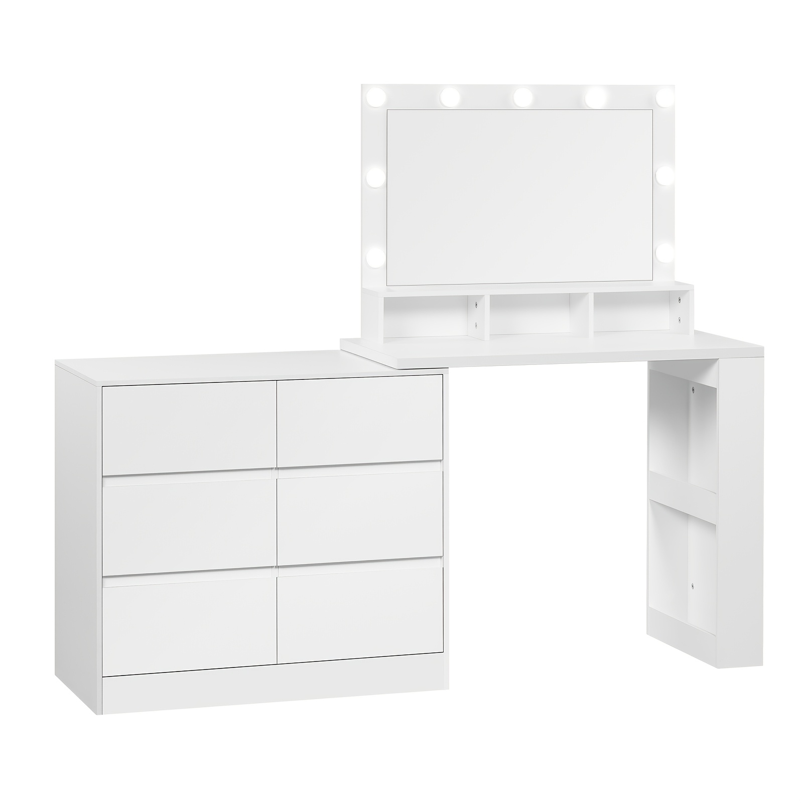 Image of Dressing Table With Led Lights And Mirrors, Makeup Table, 6 Drawers, 3 Open Shelves, With Side Storage Rack, Suitable For Bedroom And Living Room, White