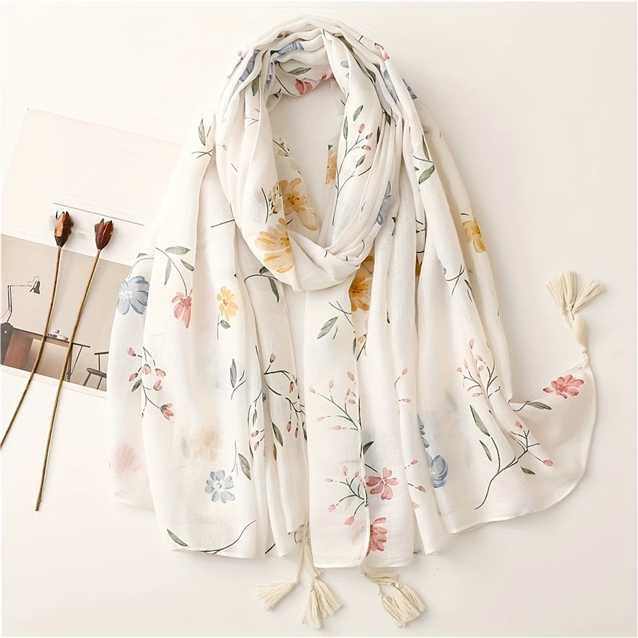 E-shop Frühlings-Sommer Neuer Damen Frischer Buntes Blumenmuster Weicher Lässiger Turban Schal mit Quasten für Reisen und Strand
