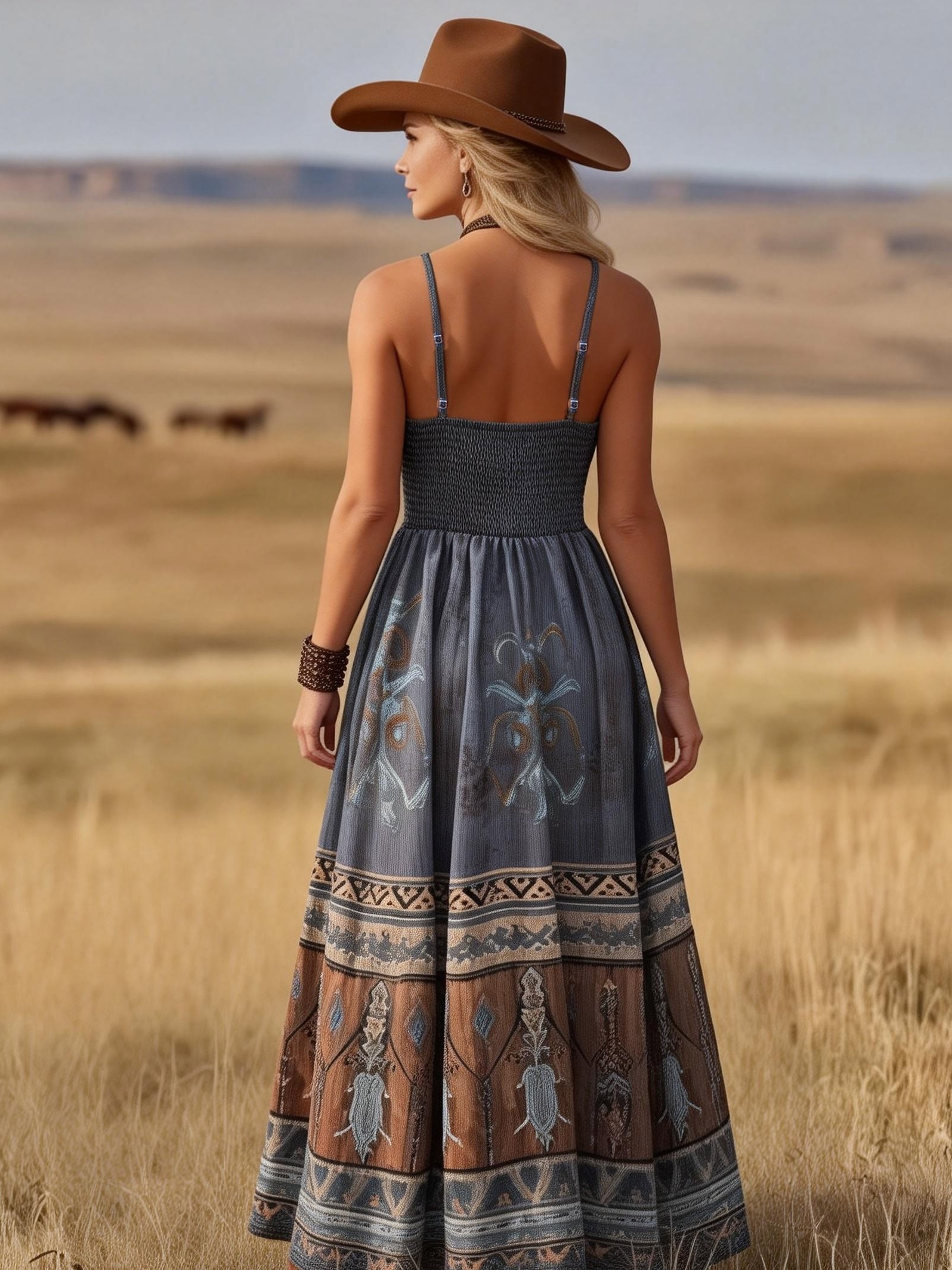 blue brown bohemian long dress western style camisole dress - Temu Spain
