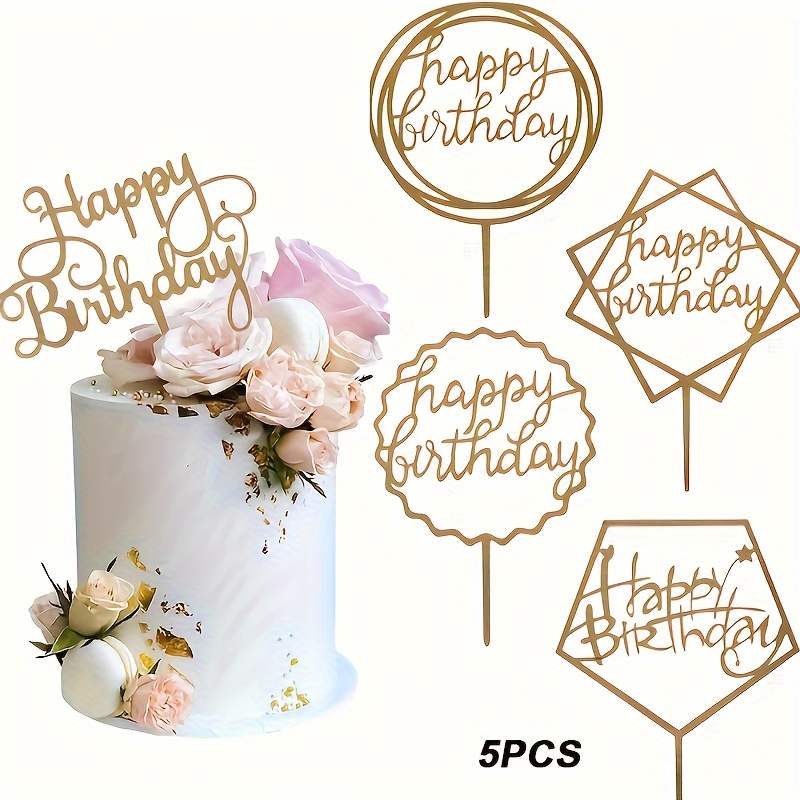 Image of 5pcs, Big Size Golden Acrylic Cake Toppers Happy Birthday Cake Decoration Supplies Acrylic Cupcake Topper For Birthday Party Anniversary Cake Pastries Decorations