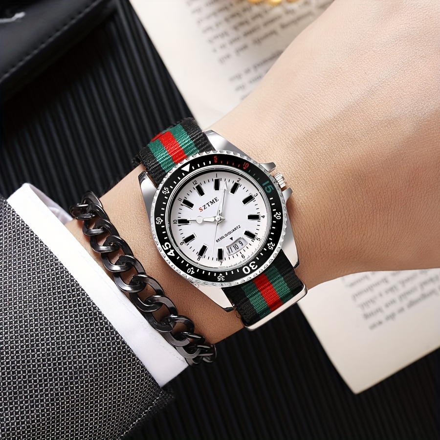 Reloj de Cuarzo de Moda para Hombres SZTME - Estilo Casual con Calendario y Hora Mundial, Caja Dorada Rosa, Correa de Nailon a Cuadros Verde/Negro, Aleación, No Impermeable para Atuendo Casual