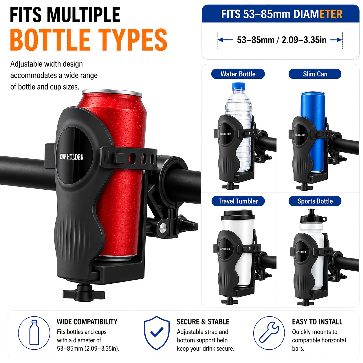 universal bicycle cup holder motorcycle cup holder handlebar cup holder and bicycle water bottle holder featuring an adjustable water bottle holder with silicone straps and a knob Product details 2
