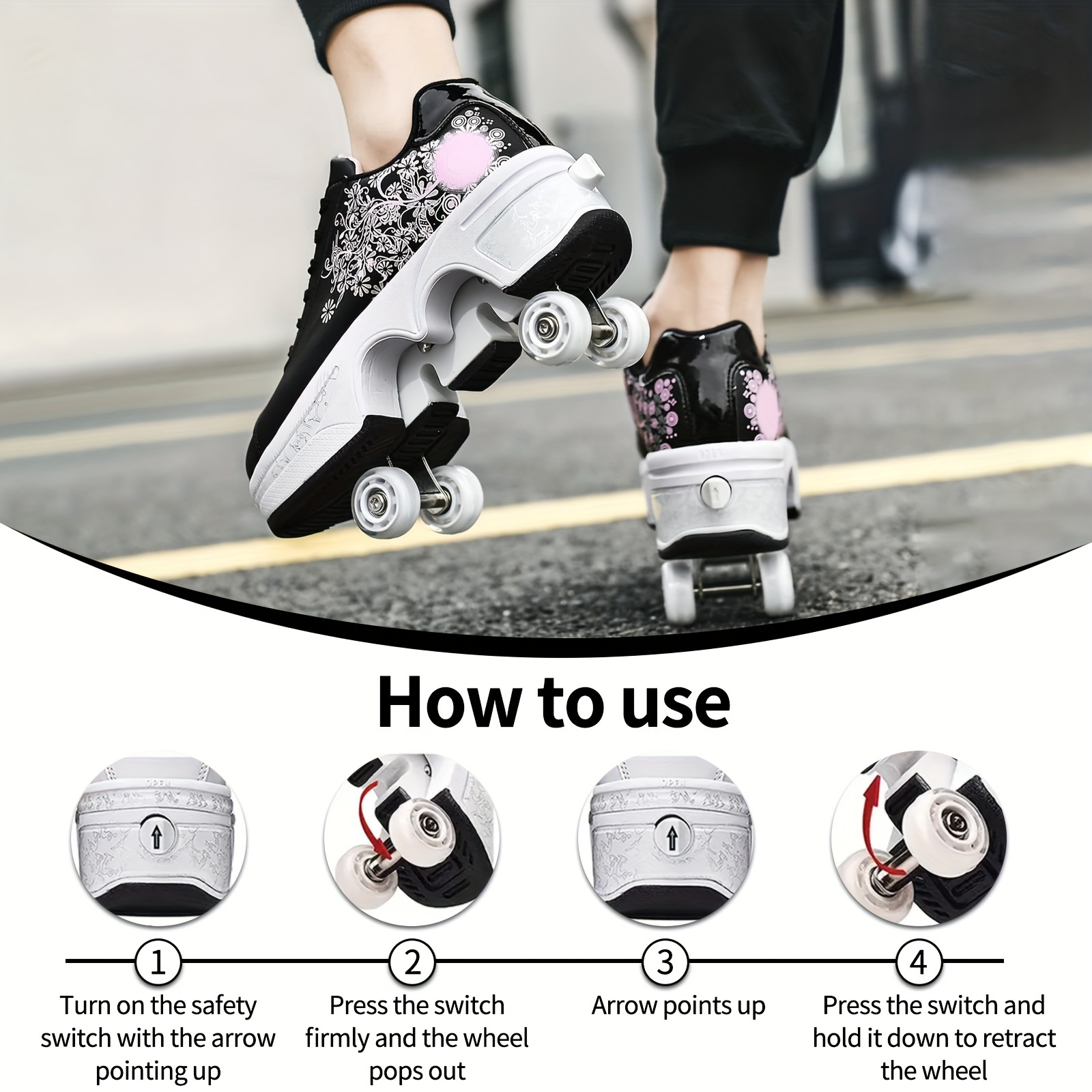 Roller Skate Shoes For Adults, Double-Row Wheel Roller Skates,  Retractable Removable 4-Wheel Roller Shoes, Indoor Outdoor Sneakers With  Wheels