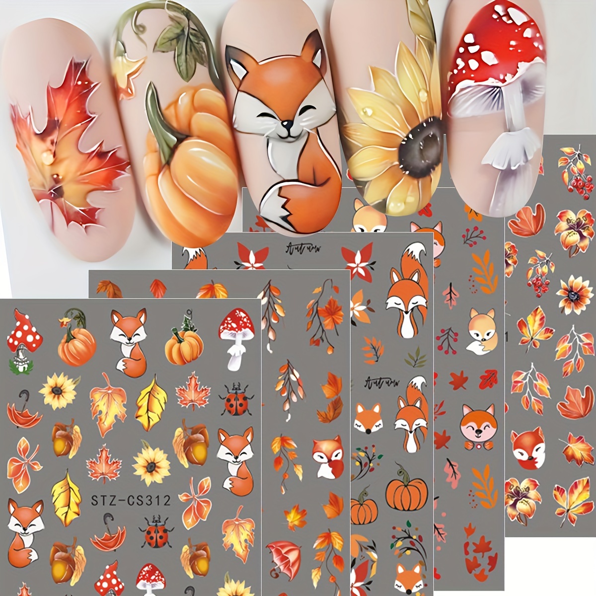 

Autumn Cartoon Nail Art Stickers - Fall Leaves, Pumpkins, , Mushrooms & Sunflowers - Glossy Self-adhesive Glitter Decals For Diy Manicure Decoration - Full Beauty Plastic Nail Embellishments