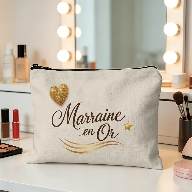 TEMU Trousse de maquillage 1 pièce avec paillettes dorées de cœur et "Marraine En Or", décorée d'étoiles et de ondulées, 2D PLAT, pour