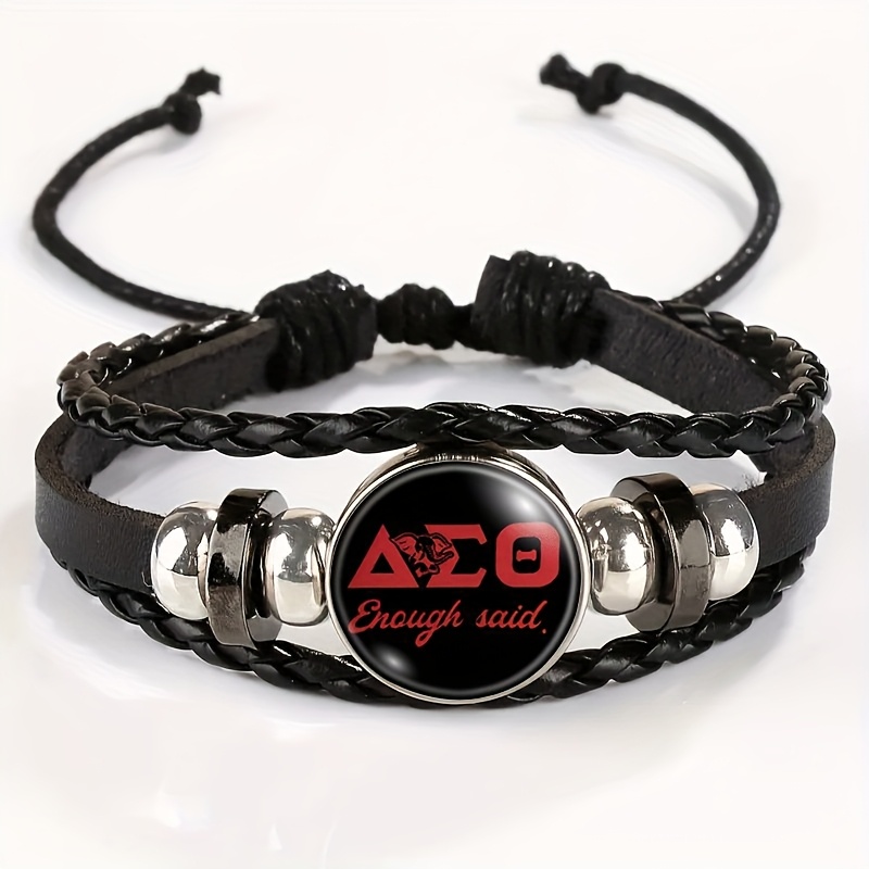 TEMU A Retro Bracelet Featuring A Greek Letter Emblem And A Text Charm - A Chic Black Faux Leather Wrist Strap Perfect For Daily Use Or As A Gift