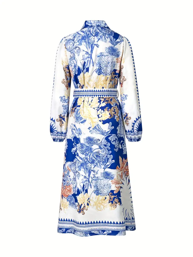 womens casual floral print long sleeve dress with lapel collar and belt polyester a line maxi dress woven fabric for Product details 4