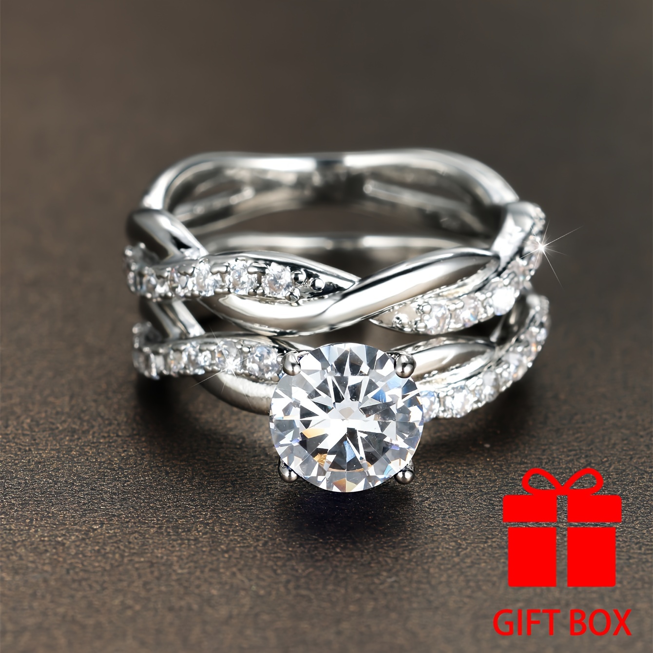 TEMU 2 Pcs/set, Elegant Round Cut Synthetic Zirconia Twist Design Silvery Rings Set, Party Holiday Daily Wear, Durable And Shiny Accessories