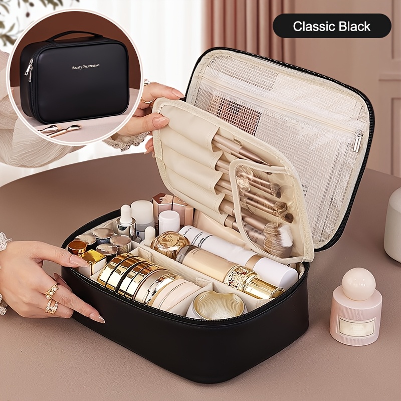 TEMU Large Capacity Detachable Makeup Bag With Brush Holder - Leather, Odorless Travel Cosmetic Organizer For Toiletries &