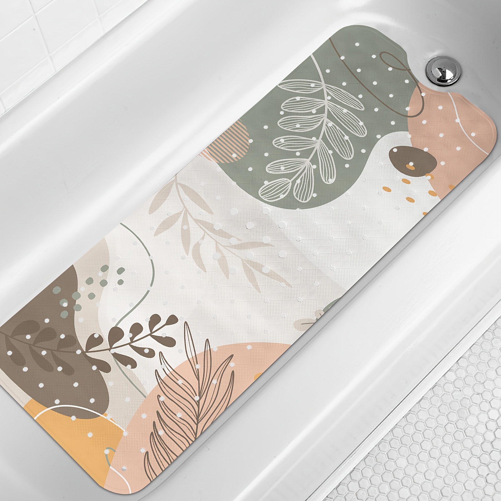 TEMU Non-slip Bathtub Mat, Boho Extra Long 40 X 16 Inch Anti-slip Mat For Bathtub, Bohemian Shower Mat With Drain Holes And Suction Cups, Machine