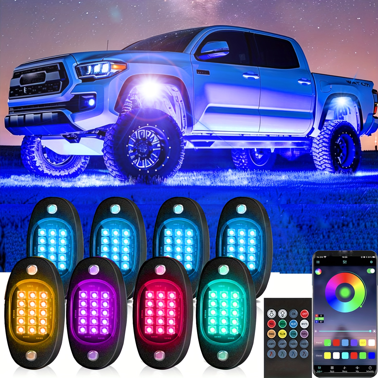 TEMU Rgb Led Neon Light Set (8 Bulbs) With App/remote Control, Timer Function, And , Suitable For Truck Neon Lights, Neon Kits For Atvs, Rzrs, Utvs,