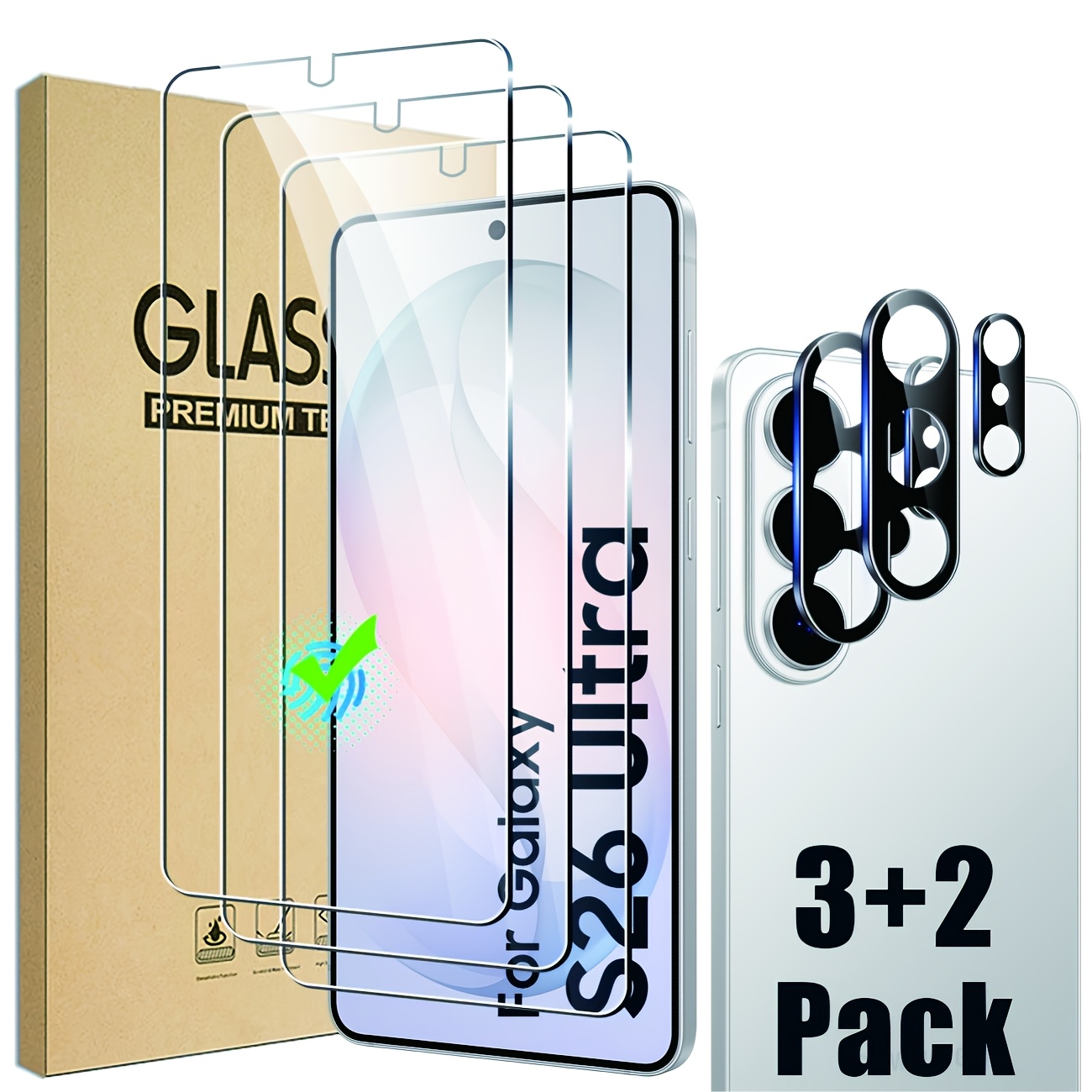 TEMU [3+2pcs Set] 3pcs 9h Hardened Glass Film, Suitable For Galaxy S26 Ultra S26+ Plus/s26, Supports Fingerprint Unlock, 2pcs Camera Lens Protection