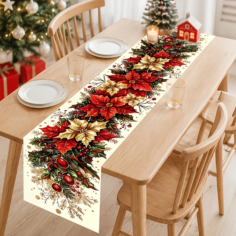 TEMU 1pc Retro Poinsettia Floral Christmas Table Runner, 70.87 X 13.78inch Printed Polyester Table Flag, Home Kitchen Dining Table Decor, Gathering,