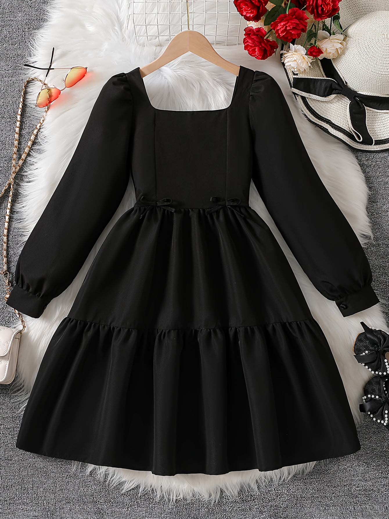 2025 fall dress square neck solid color ruffle - Temu