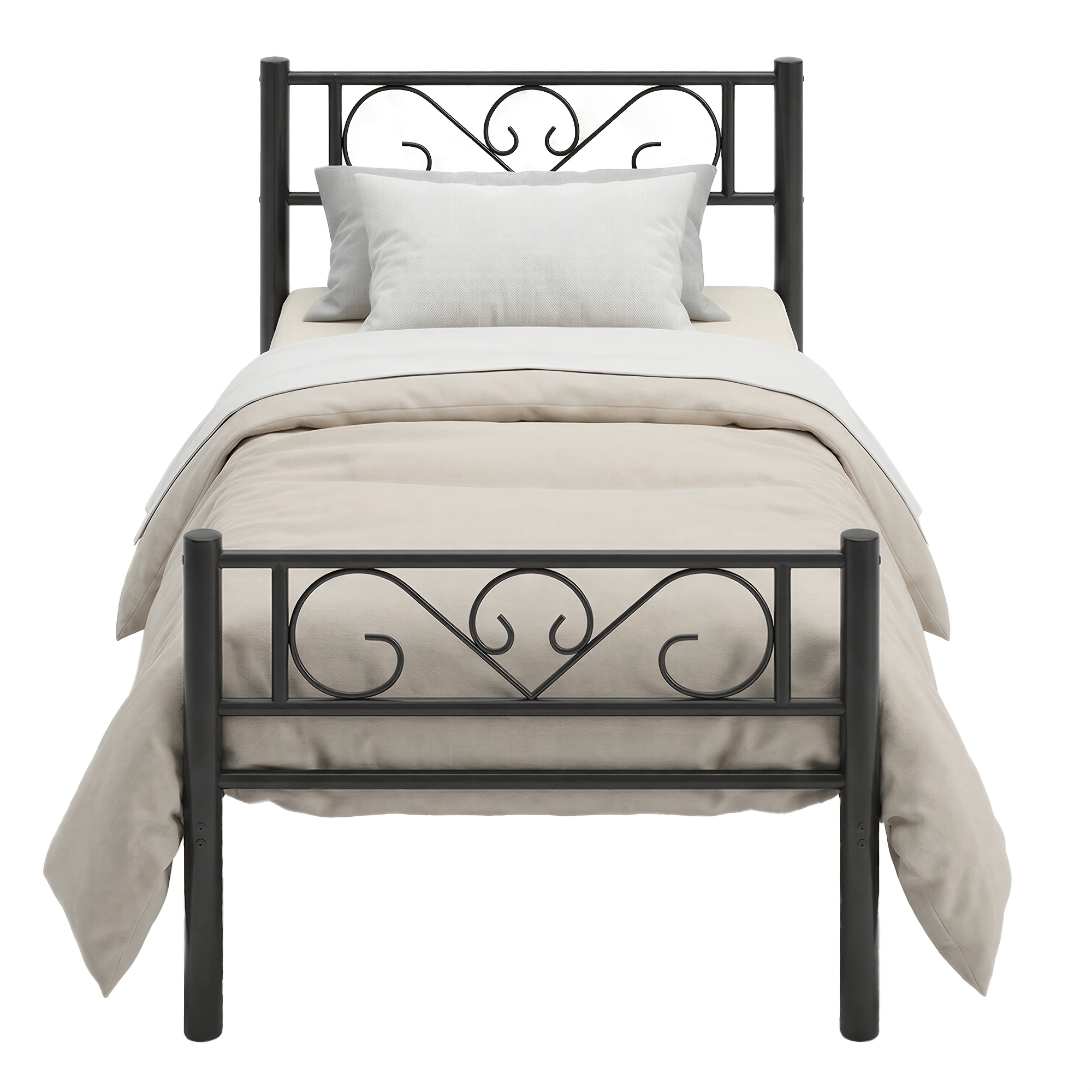 Image of Single Metal Bed Frame With Headboard And Under-bed Storage, Noise-free Steel Bedstead With 6 Support Legs, Platform Bed For Bedroom, 230kg, 207 X 90.5 X 86cm, Black And White