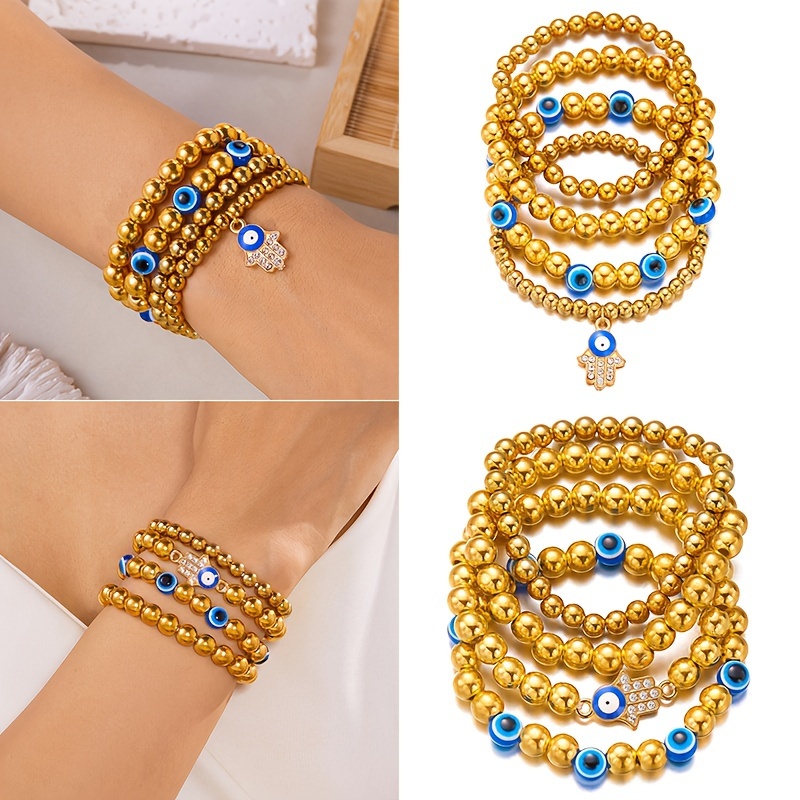 

4pcs Unisex Handmade Beaded Bracelet Set Featuring A Eye, Fashionable And For Layered Stacking.