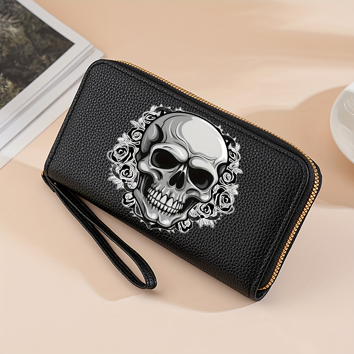 Gothic Skull & Floral Clutch Wallet - Black Zipper Purse With Wrist Strap, Stylish Halloween Accessory For & Women, Perfect Gift Idea, Gothic Purse, Women Accessories, Artistic Handbag