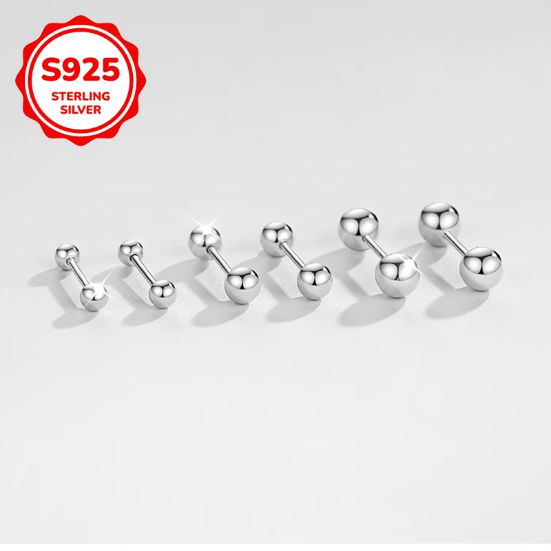 S925 Pure Silvery Double Headed Threaded Dumbbell Ear Studs