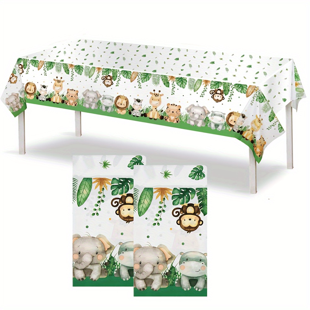 

2pcs Theme Tablecloth, Animal Theme Birthday Party Decoration Supplies, 54x108inch, Lion Zebra Giraffe Monkey Elephant Hippo Leaf Pattern, Back To Graduation Season Outdoor Activities Party Decoration