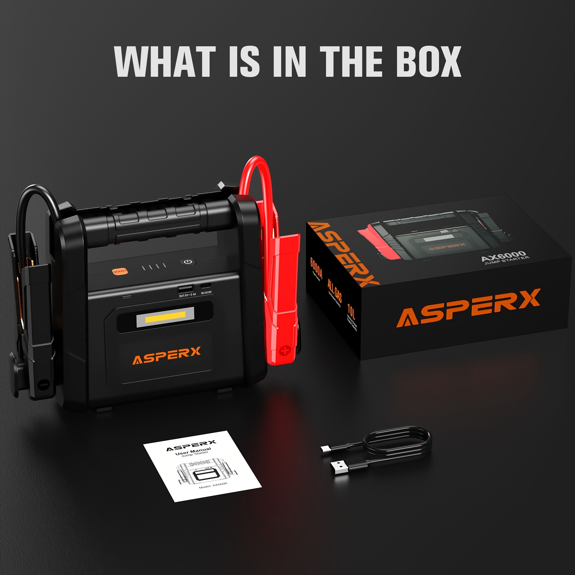 AsperX 6000A Jump Starter (up to All Gas Or 2.64gal Diesel Engine) 12V Car Battery Booster Pack for RV Truck SUV Portable Mobile Power Bank, Large-capacity Storage with LED Flashlight Strong Light USB-C Output