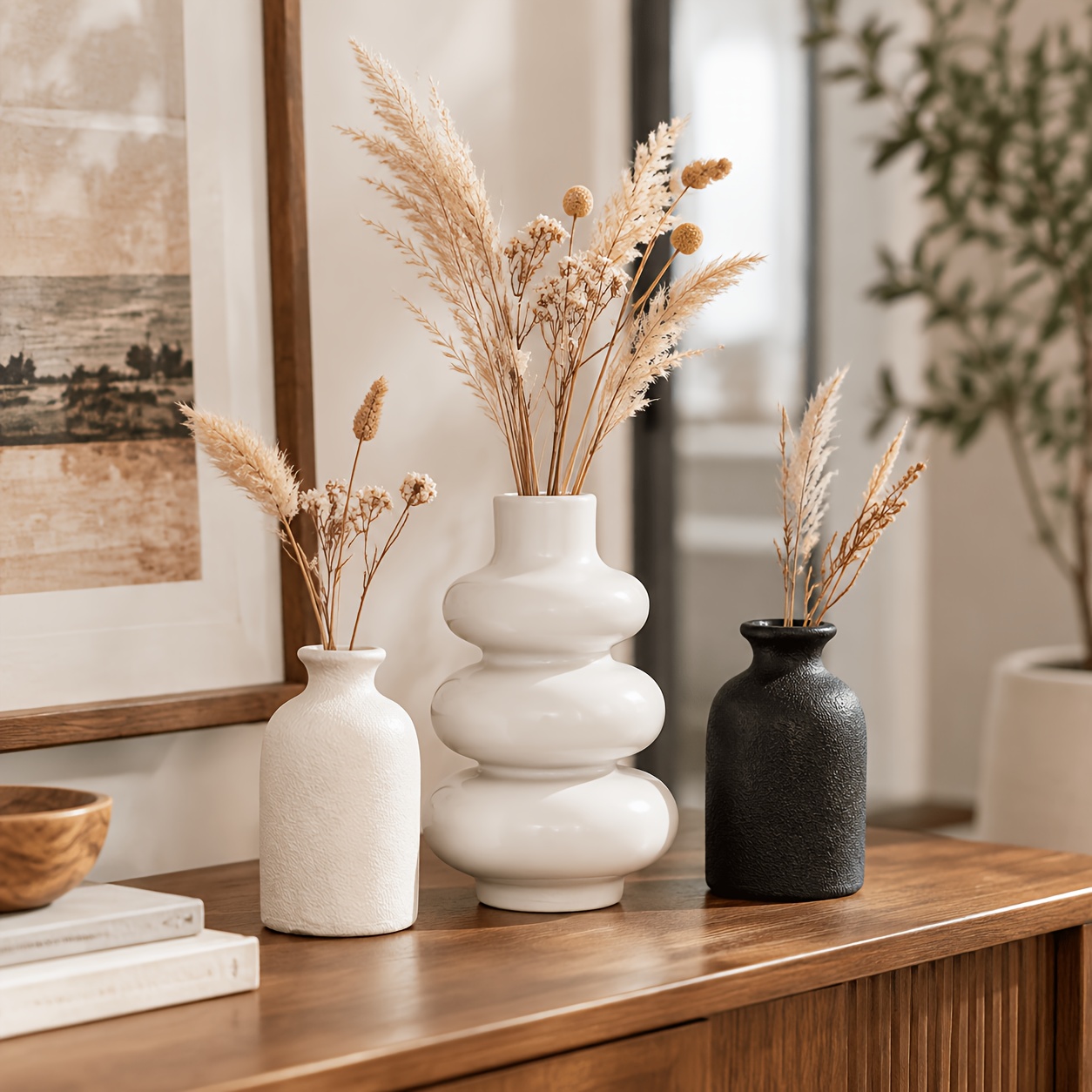 TEMU Ensemble de 3 vases décoratifs noirs et mats de style bohème moderne, à couches de bulles et de bouteilles, parfaits pour l'herbe de et les