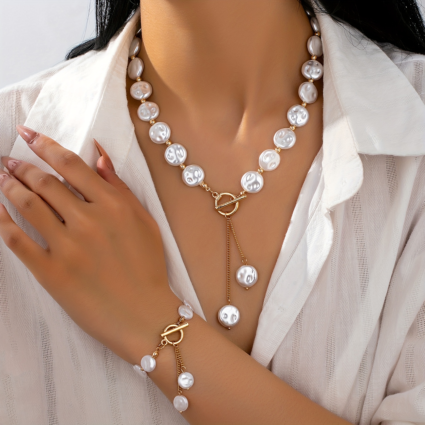 TEMU Un elegante y moderno conjunto de joyería con cuentas de de perlas, para reuniones de mujeres, celebraciones, y .